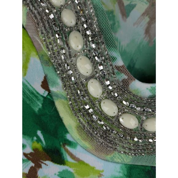 Susan Graver liquid knit tunic top beaded neckline green brown print - Picture 5 of 6